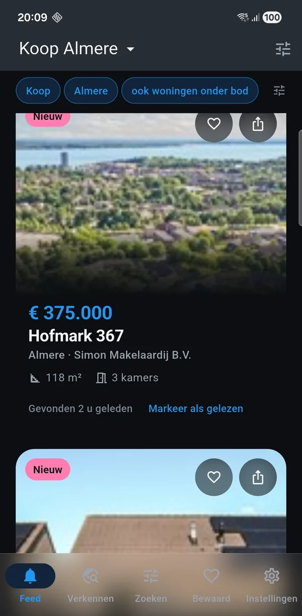 De app met een koop-zoekopdracht voor Almere: nieuwe woningen met vraagprijs, oppervlakte en het aantal kamers.