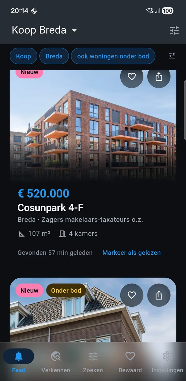 De app met een koop-zoekopdracht voor Breda: nieuwe woningen met vraagprijs, oppervlakte en het aantal kamers.