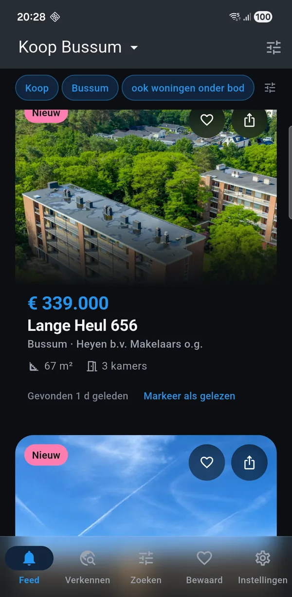 De app met een koop-zoekopdracht voor Bussum: nieuwe woningen met vraagprijs, oppervlakte en het aantal kamers.