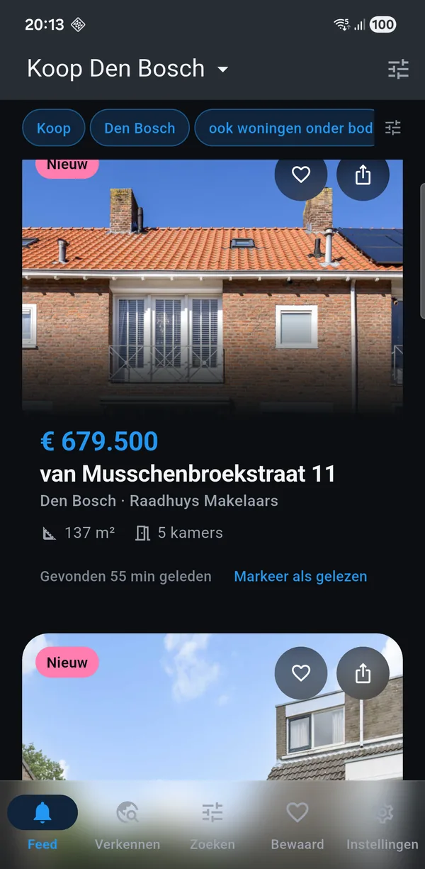 De app met een koop-zoekopdracht voor Den Bosch: nieuwe woningen met vraagprijs, oppervlakte en het aantal kamers.