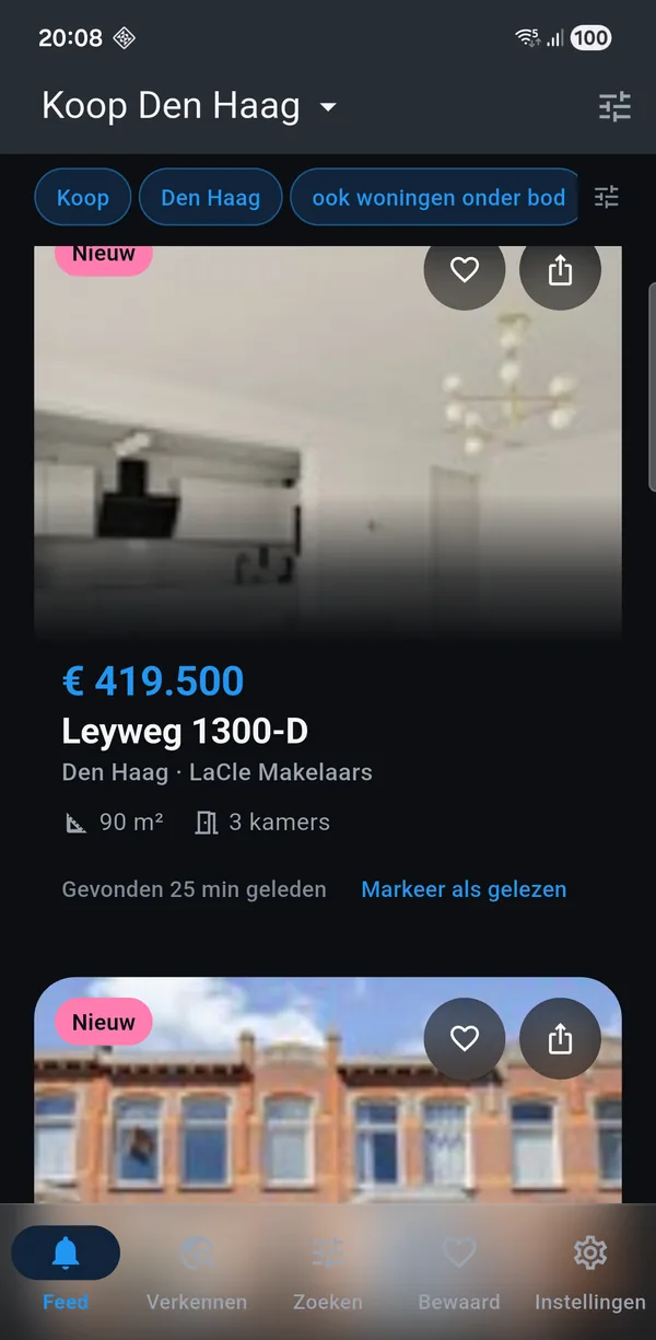 De app met een koop-zoekopdracht voor Den Haag: nieuwe woningen met vraagprijs, oppervlakte en het aantal kamers.