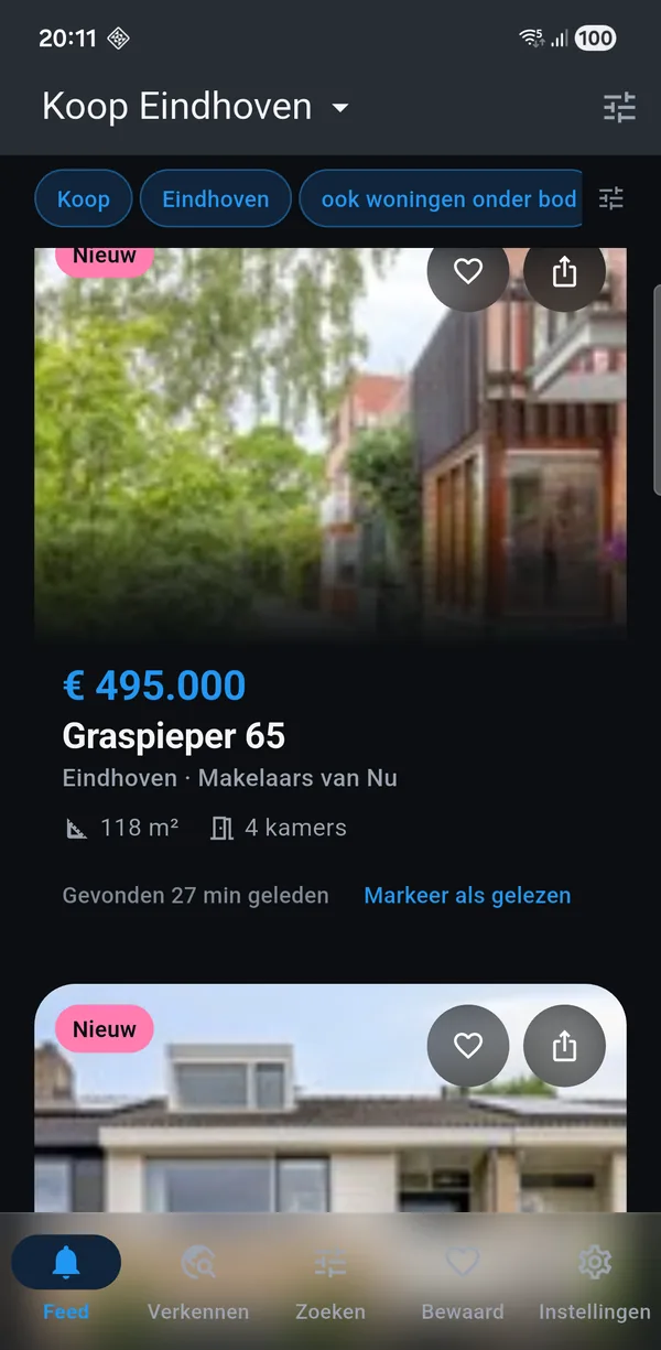 De app met een koop-zoekopdracht voor Eindhoven: nieuwe woningen met vraagprijs, oppervlakte en het aantal kamers.