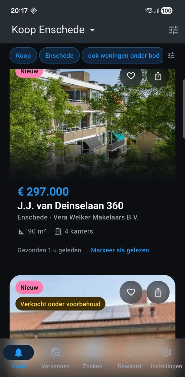De app met een koop-zoekopdracht voor Enschede: nieuwe woningen met vraagprijs, oppervlakte en het aantal kamers.