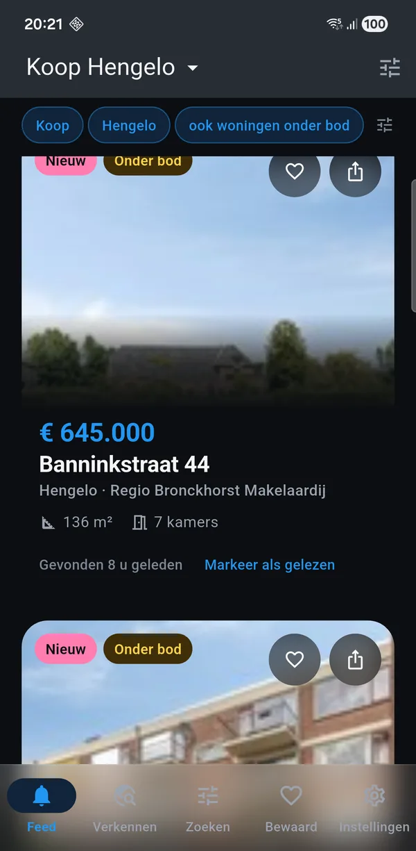 De app met een koop-zoekopdracht voor Hengelo: nieuwe woningen met vraagprijs, oppervlakte en het aantal kamers.