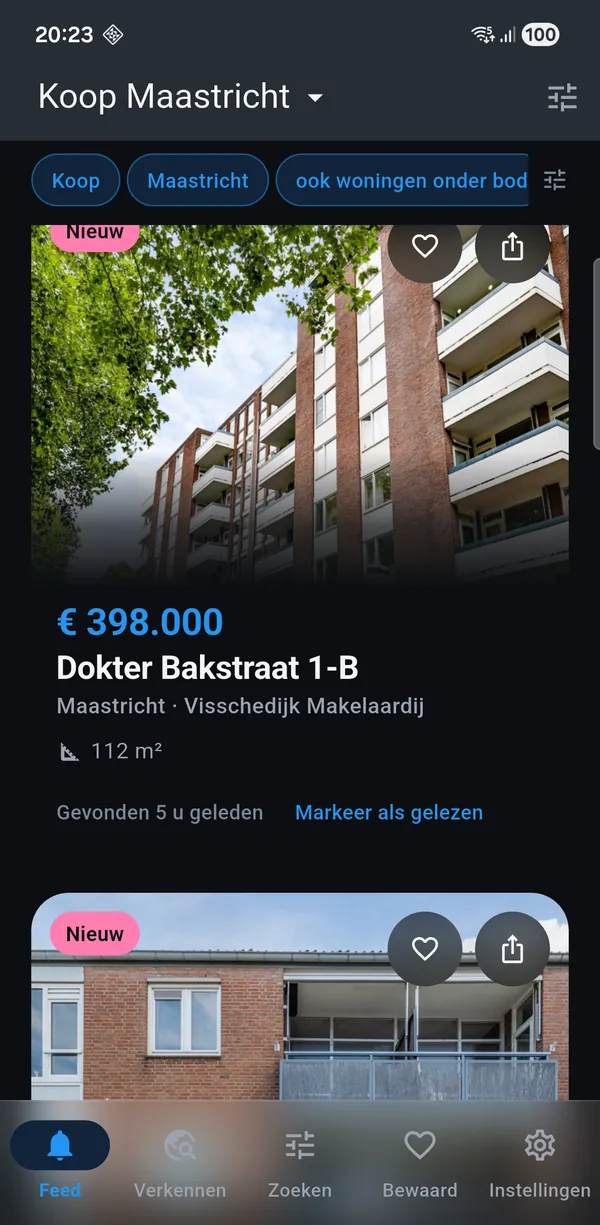 De app met een koop-zoekopdracht voor Maastricht: nieuwe woningen met vraagprijs, oppervlakte en het aantal kamers.