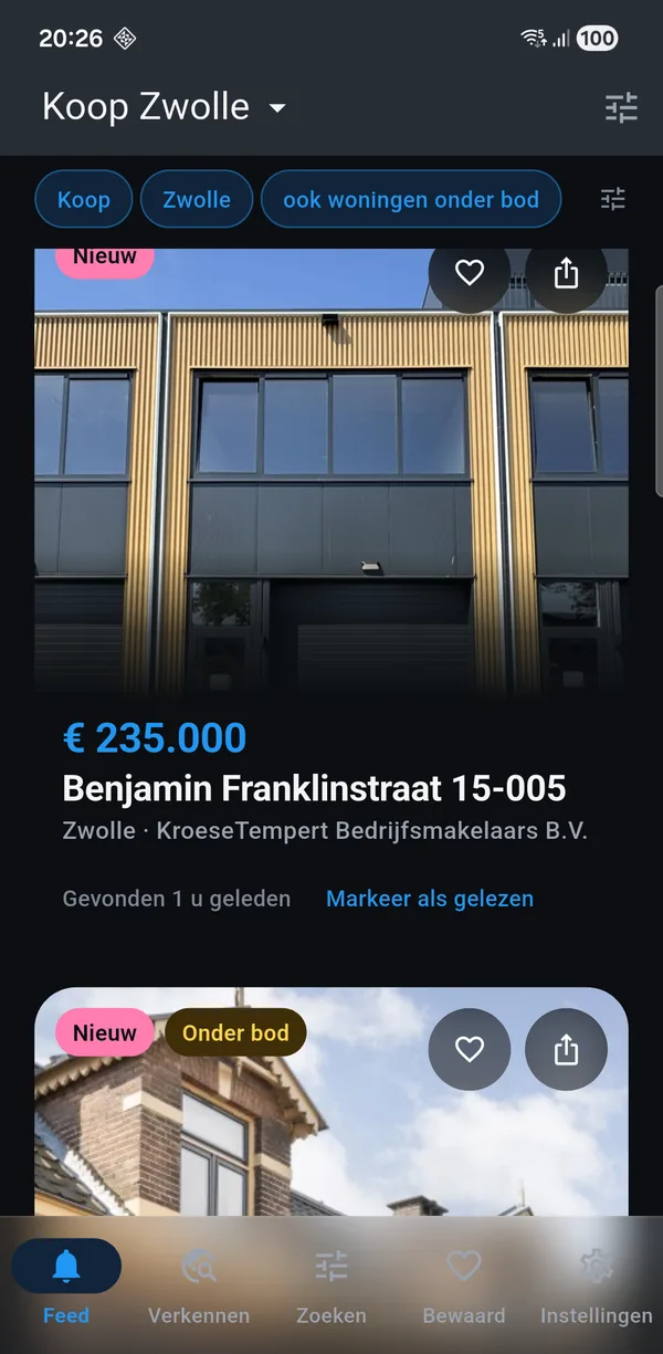 De app met een koop-zoekopdracht voor Zwolle: nieuwe woningen met vraagprijs, oppervlakte en het aantal kamers.