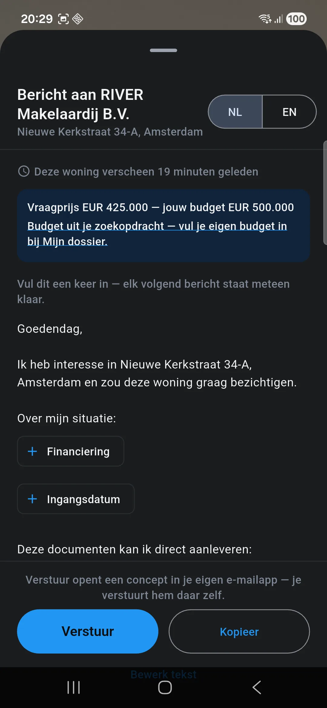 Het reageer-scherm in de app: een vooraf opgesteld bericht aan de makelaar, met bovenaan de melding dat de woning 19 minuten geleden verscheen.